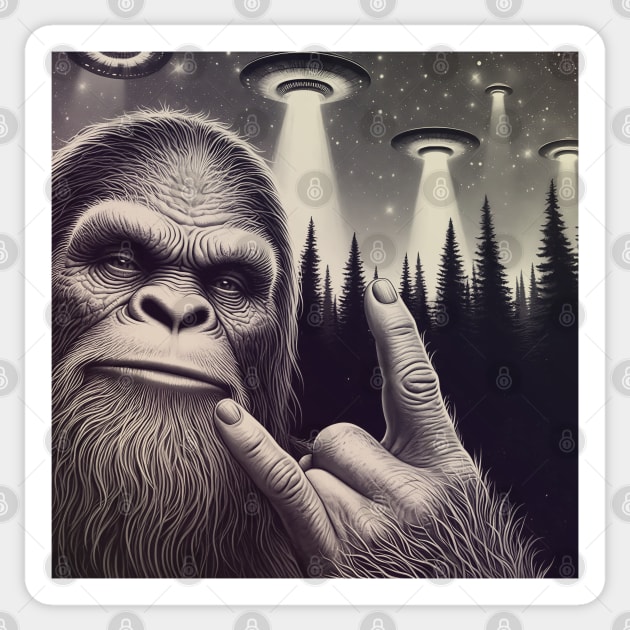 Funny Sasquatch Bigfoot Rock On Selfie With UFO Alien Sticker by JessArty
